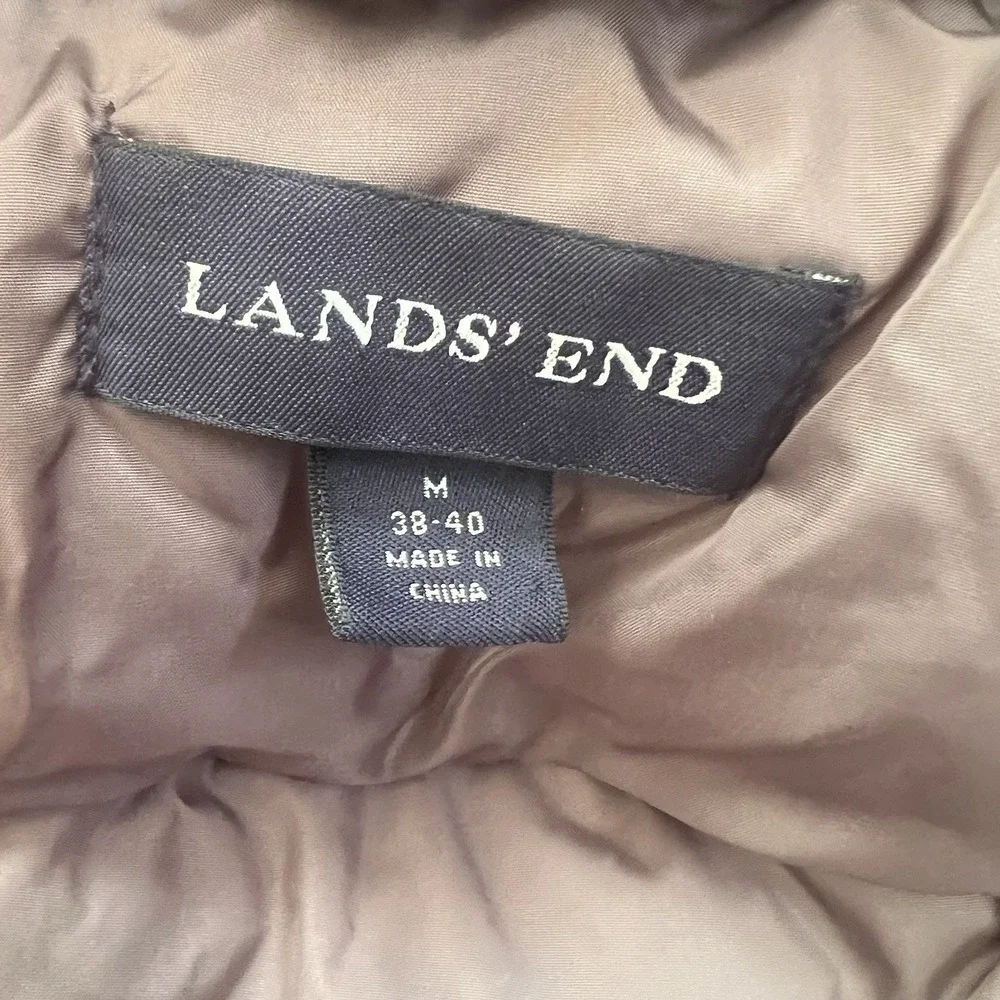 Lands End Long Down Winter Puffer Coat Womens AquaCheck‎ Black Med Zip-Up Parka